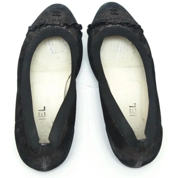 CHANEL Ballet Flats Ruffles Metallic Black Copper CC Logo Stretch Spirit Sz 39.5 - Picture 9 of 10